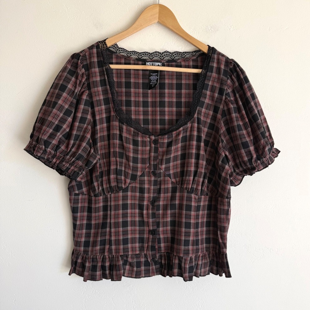 Hot Topic Plaid Blouse Lace Puff Sleeve Goth Coquette Grunge Dark Academia XL